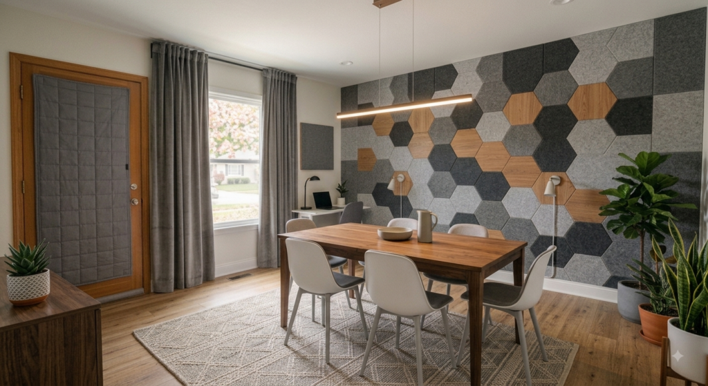 Mesa de comedor de madera y sillas de diseño frente a una pared revestida con paneles acústicos hexagonales grises y de madera en un loft luminoso.