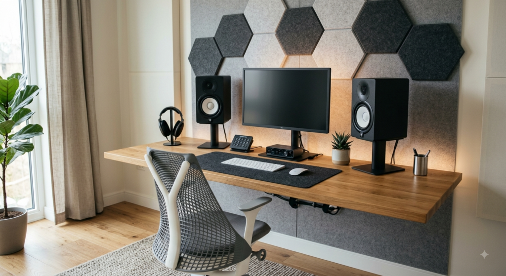 AcoustiCasa - Escritorio minimalista con paneles acusticos y monitores de estudio