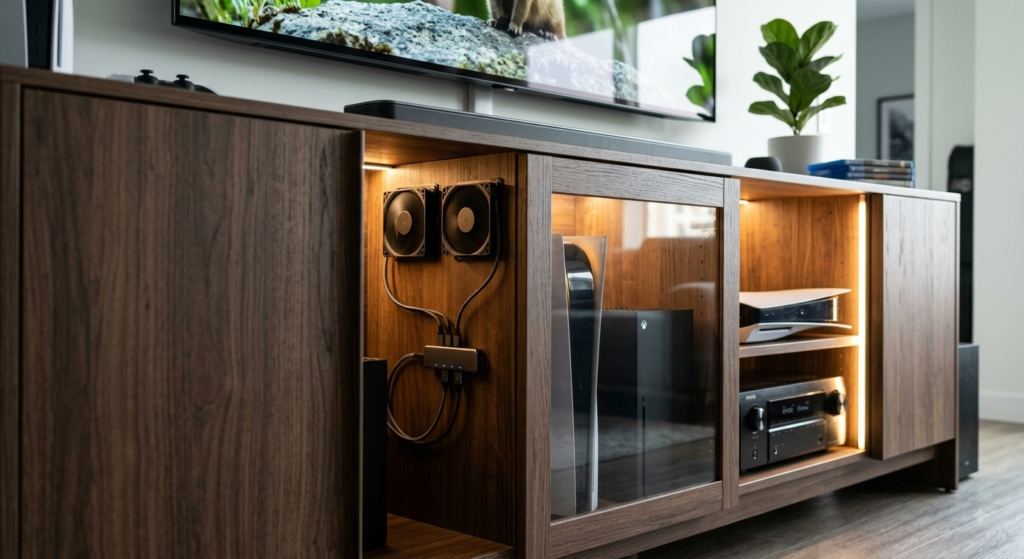 Mueble de TV de madera abierto con consolas de videojuegos y ventiladores USB silenciosos instalados en el panel trasero